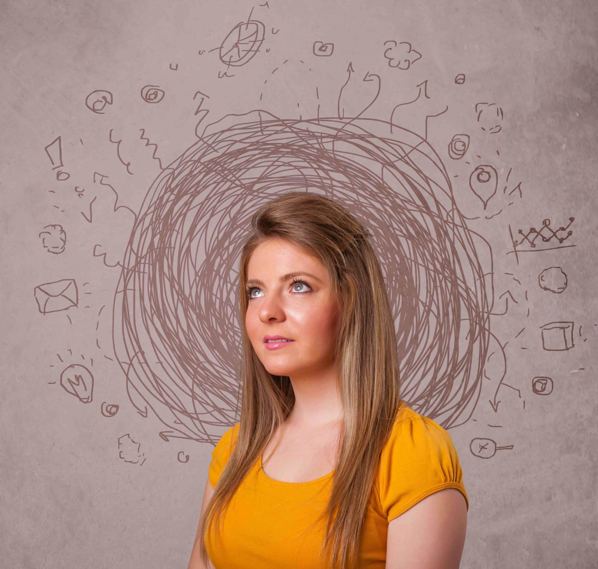 Woman with Drawn Thought Cloud - solasta counselling calgary