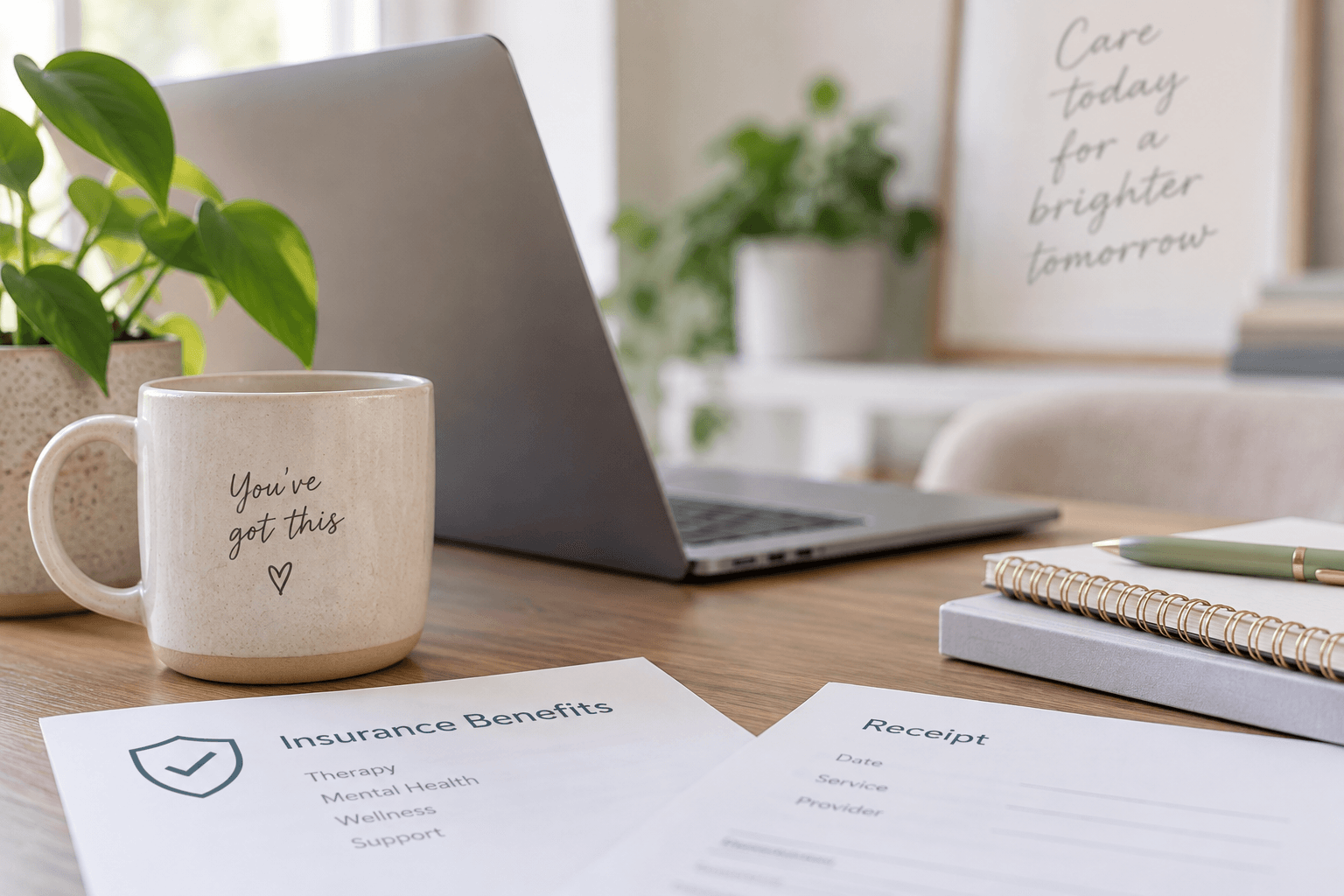 Insurance benefits and therapy receipt beside a laptop for online counselling